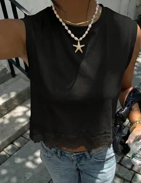 Top de mujer negro de verano elegante para uso diario, estilo retro sin mangas, corto, camiseta holgada con diseño de encaje calado, top de moda XS - Shein - FashionsVida
