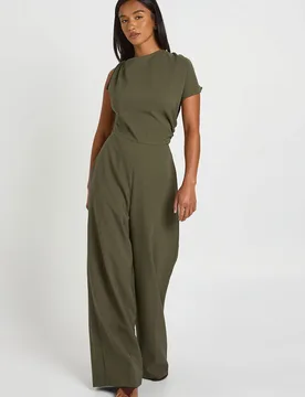 Womens Petite Asymmetric Ruched Wide Leg Jumpsuit - Khaki - Size 16 Uk - Boohoo - FashionsVida