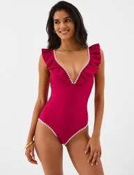 Padded Frill V-Neck Swimsuit Red female
