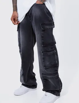 Herren Baggy Rigid Multi-Pocket Cargo Gebleichte Jeans Hosen Black Größe 36R - boohooMAN - FashionsVida