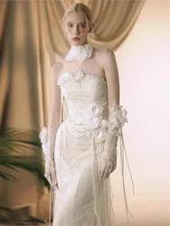 Fish-tail light three-dimensional flower lace welcome dress for banquets