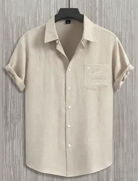 Camisa casual de manga corta de un solo color con bolsillo y abotonadura sencilla para hombre, para vacaciones y ocasiones formales S - Shein - FashionsVida