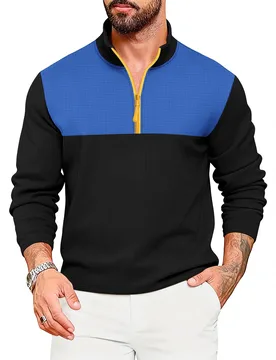 New Waffle Men's T-shirt Spring and Autumn Men's Casual Sports Color blocked Long Sleeve High Collar Half Zipper Top - Aliexpress - FashionsVida