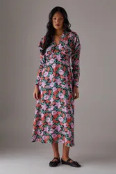Women's Floral Viscose V Neck Long Puff Sleeve Midi Dress Size: 10 - Floral - Size: 10