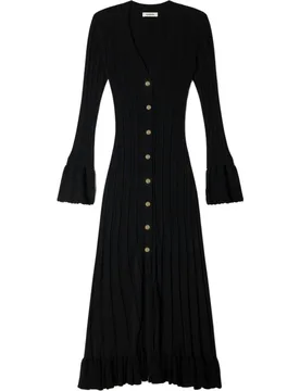 Vestido largo de punto liso con cuello pico, manga larga y volantes en puños - sandro - FashionsVida