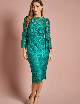 Women's Satin Lace Boat Neck Midi Dress With Fluted Sleeve in Emerald Size: 10 - Emerald - Size: 10 - Coast - FashionsVida