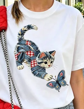 Camiseta con estampado de animales estilo bordado con patrón de gato y mariposa, top casual de manga corta estilo pastoral, blanco soñador y estéti - Shein - FashionsVida
