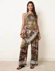 Palm Tree Print in Two Piece Set - M/L / KHAKI - female