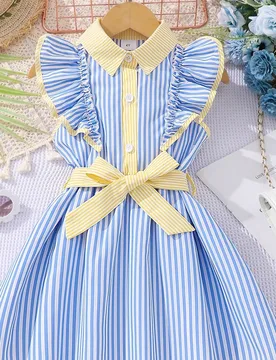 Pieza de vestido a rayas lindo y elegante con cuello vuelto y cinturón de lazo para niña joven, adecuado para viajes y vacaciones de verano 4Y - Shein - FashionsVida