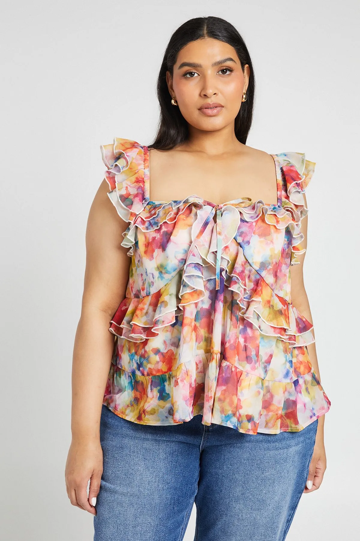 Womens Plus Tie Front Ruffle Cami Top - Pink - Boohoo - FashionsVida