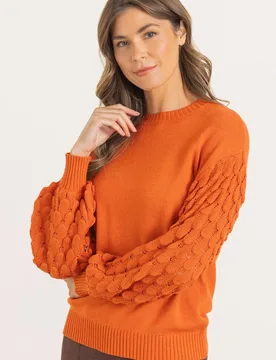 Women's Textured Sleeve Knitted Top in Orange Size: XL - Orange - Size: XL - Klass. - FashionsVida