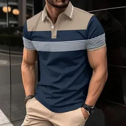 Men's short-sleeved Polo shirt, trendy and high-quality striped casual top with buttoned collar, golf shirt
