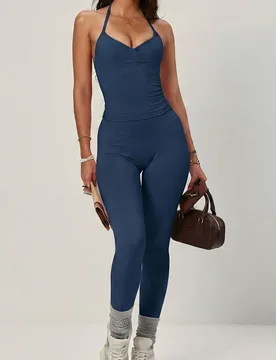 Conjunto deportivo versátil con top elástico que favorece la espalda, camisola minimalista casual, pantalones largos para running y fitness, para en - Shein - FashionsVida