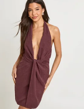 Womens Textured Halterneck Twist Front Mini Dress - Chocolate - Size 12 Uk - Boohoo - FashionsVida