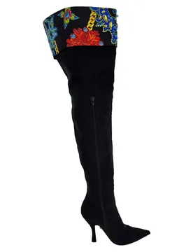 Gianni Women's Preloved Over The Knee Boots w/ Crystals in Black Cotton Size: 4 - Black - Size: 4 - Versace - FashionsVida
