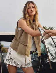 Pure Cotton Embroidered High Waisted Shorts Ecru female