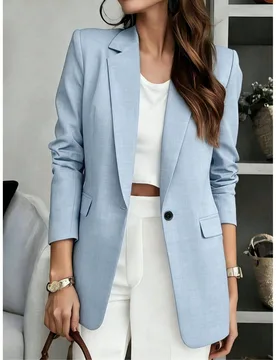 Blazer de manga larga con cuello en V de unicolor para mujer - Chaqueta ligera de un solo pecho, adecuada para oficina, trabajo remoto, uso diario, to - Shein - FashionsVida