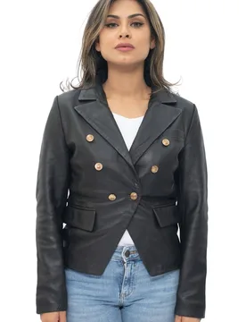 Women's Leather Military Blazer Jacket-Aalborg in Black Size: 8 - Black - Size: 8 - Infinity Leather - FashionsVida