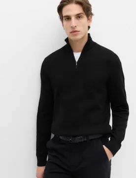 Pure Cotton Textured Half Zip Jumper Black male - M&S - FashionsVida