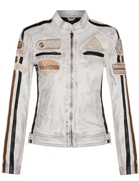 Women's Biker Racing Badges Leather Jacket-Eastleigh in White Size: 20 - White - Size: 20 - Infinity Leather - FashionsVida
