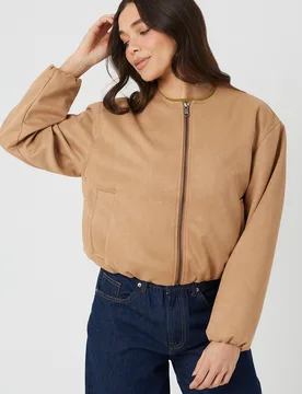 Womens Tan Faux Suede Bomber Jacket With Oversized Sleeves - Size 14 Uk - Brave soul - FashionsVida
