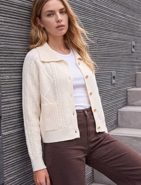 Women's Chunky Cable Cardigan Sweater in Ivory Size: 12 - Ivory - Size: 12 - Roman - FashionsVida