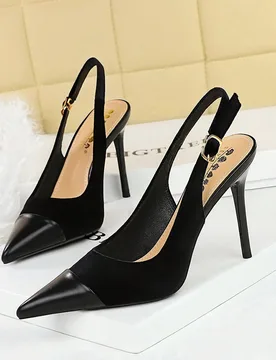 Tacones altos para fiesta, zapatos de mujer de punta afilada, parte superior de gamuza, tacón de aguja, diseño de escote bajo, hebilla metálica, co - Shein - FashionsVida