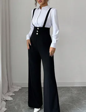 Pantalones rectos elegantes y románticos para mujer con tirantes en la cintura y decoración de botones XS - Shein - FashionsVida