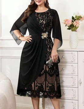 Vestido de fiesta elegante con patchwork de encaje para mujer de talla grande, negro, de otoño, formal, de noche, para invitada de boda, largo, de lu - Shein - FashionsVida