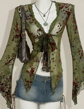 Cárdigan transparente con mangas acampanadas y bajo asimétrico con estampado vintage para mujeres S - Shein - FashionsVida