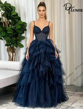 Voluminous Tiered Long Prom Dress Spaghetti Strap Customized Evening Gown Women Sequin Tulle Gala Quinceanera Gowns Plus Size - Aliexpress - FashionsVida