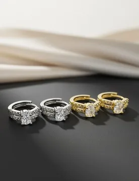 Elegant Double‑Row Huggie Earrings Oval‑Cut Center Zircon Four‑Prong Inlay Split Band Hinged Closure Polished Surface Fashion - Aliexpress - FashionsVida