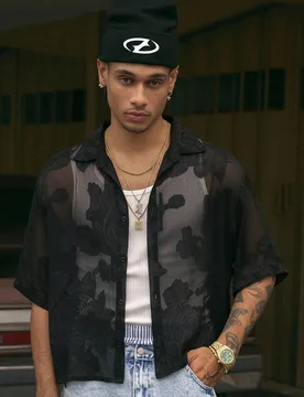 Camisa de manga corta con cuello y estampado floral, corte holgado y acortado para hombre M - Shein - FashionsVida