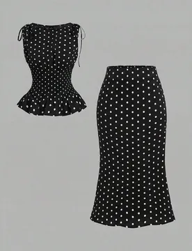 Conjunto elegante francés de top de tirantes con lazo en el hombro y volantes en el bajo con estampado de lunares en blanco y negro y falda de sirena - Shein - FashionsVida