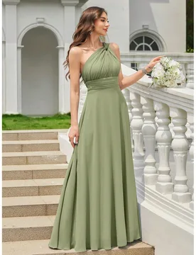 Vestido de Dama de Honor Formal con Falda Completa Elegante de Gasa Plisada de un Hombro, Adecuado para Invitados de Boda en Otoño M - Shein - FashionsVida
