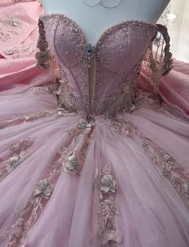 Pink Quinceanera Dress Glitter Crystal Bead Decal Long tail Lace Ruffles off-shoulder Big Bow Vestidos De 15 Quinceanera ﻿Custom - Aliexpress - FashionsVida