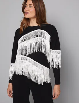 Womens Contrast Fringe Knitted Jumper - Black - Size X-Large - Wallis - FashionsVida