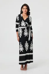 Women's Ikat Print 3/4 Sleeve Wrap Maxi Dress in Black Size: 16 - Black - Size: 16