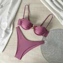 Conjunto de Traje de Baño de Verano para Mujer con Top de Tirantes Finos y Aros y Braguita Triangular de unicolor Rosa Invierno XXS