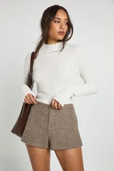 Womens Premium Herringbone Tailored Shorts - Brown - Size 14 Uk