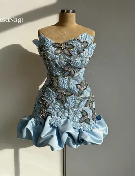 Blue strapless sleeveless knee-length formal ball gown featuring exquisite embroidered appliqués and a voluminous skirt - Aliexpress - FashionsVida