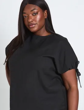 Womens Plus Linen Cuff Tie Detail Top - Black - Boohoo - FashionsVida