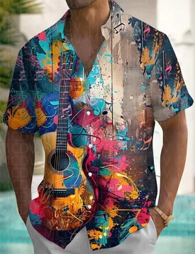 Guitar Pattern Style Men's Hawaiian Shirt Stretch Easy Care Camp Shirt Big Tall - Aliexpress - FashionsVida