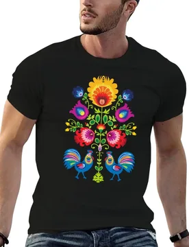 Folk composition with flowers and roosters - wycinanki on black T-Shirt man t shirt luxury funny t shirts dark humor T-Shirt - Aliexpress - FashionsVida