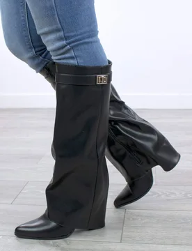 Women's High Block Heel Pointed Toe Skirted Knee High Boots in Black Size: 4 - Black - Size: 4 - Ajvani - FashionsVida