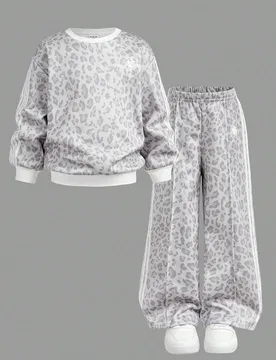 Conjunto de sudadera de manga larga con hombros caídos, unicolor, rayas y estampado de leopardo en bloques de color gris, y pantalones de chándal de - Shein - FashionsVida