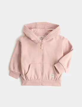 Cotton Blend Plain Zip Hoodie (0-3 Yrs) Pink Female - M&S - FashionsVida