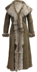 Womens Suede Toscana Sheepskin Hooded Trench Coat-Rushden - Tan - Size 10 Uk
