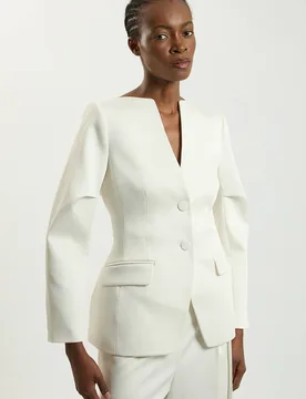 Women's Petite Tailored Satin Collarless Blazer in Ivory Size: 16 - Ivory - Size: 16 - Karen millen - FashionsVida