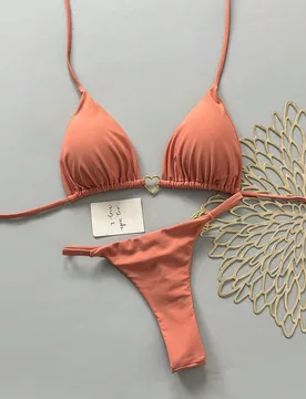 Conjunto de bikini y tanga triangular de unicolor con atar al cuello para mujer, ideal para vacaciones y playa XS - Shein - FashionsVida